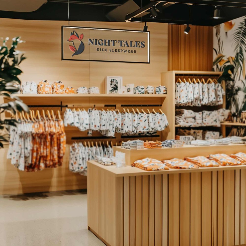 Display of stringed instruments and glassware in a light wood retail store interior.