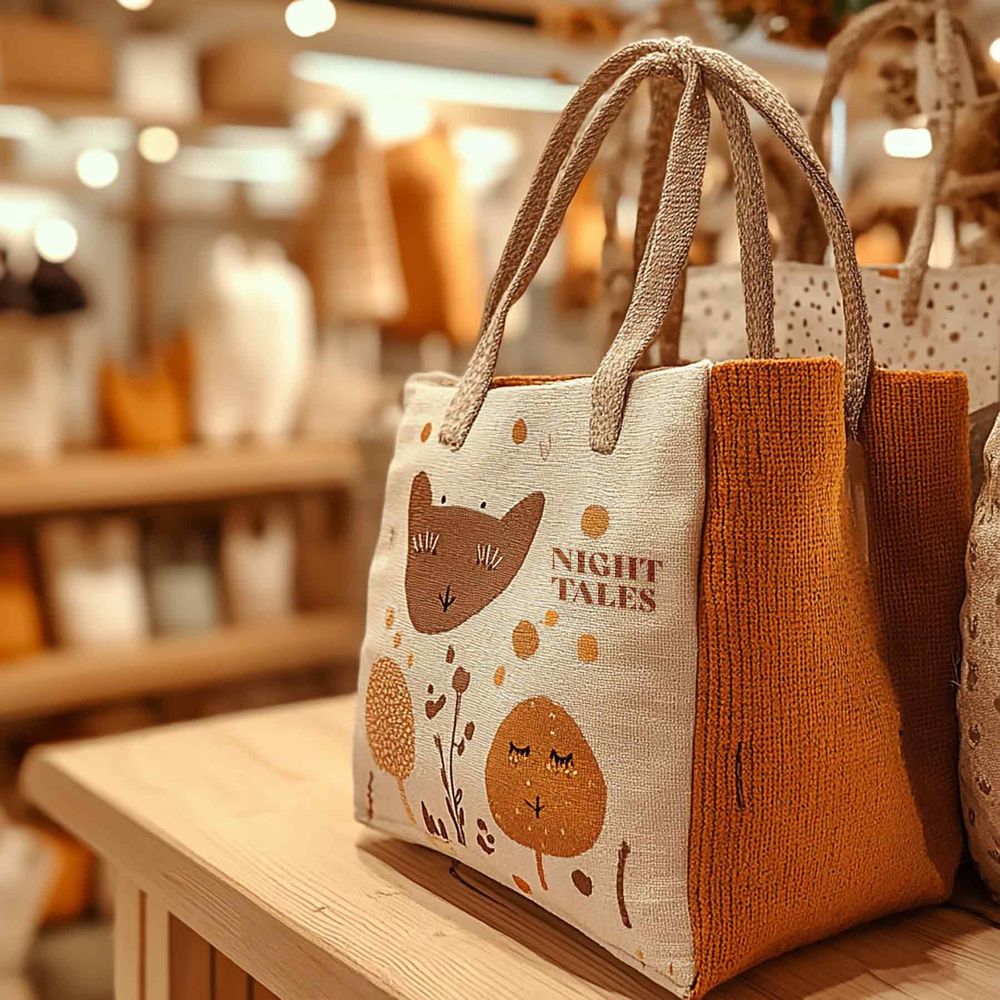 Small cat-themed handbags with brown leather accents displayed on retail shelf in warm lighting.
