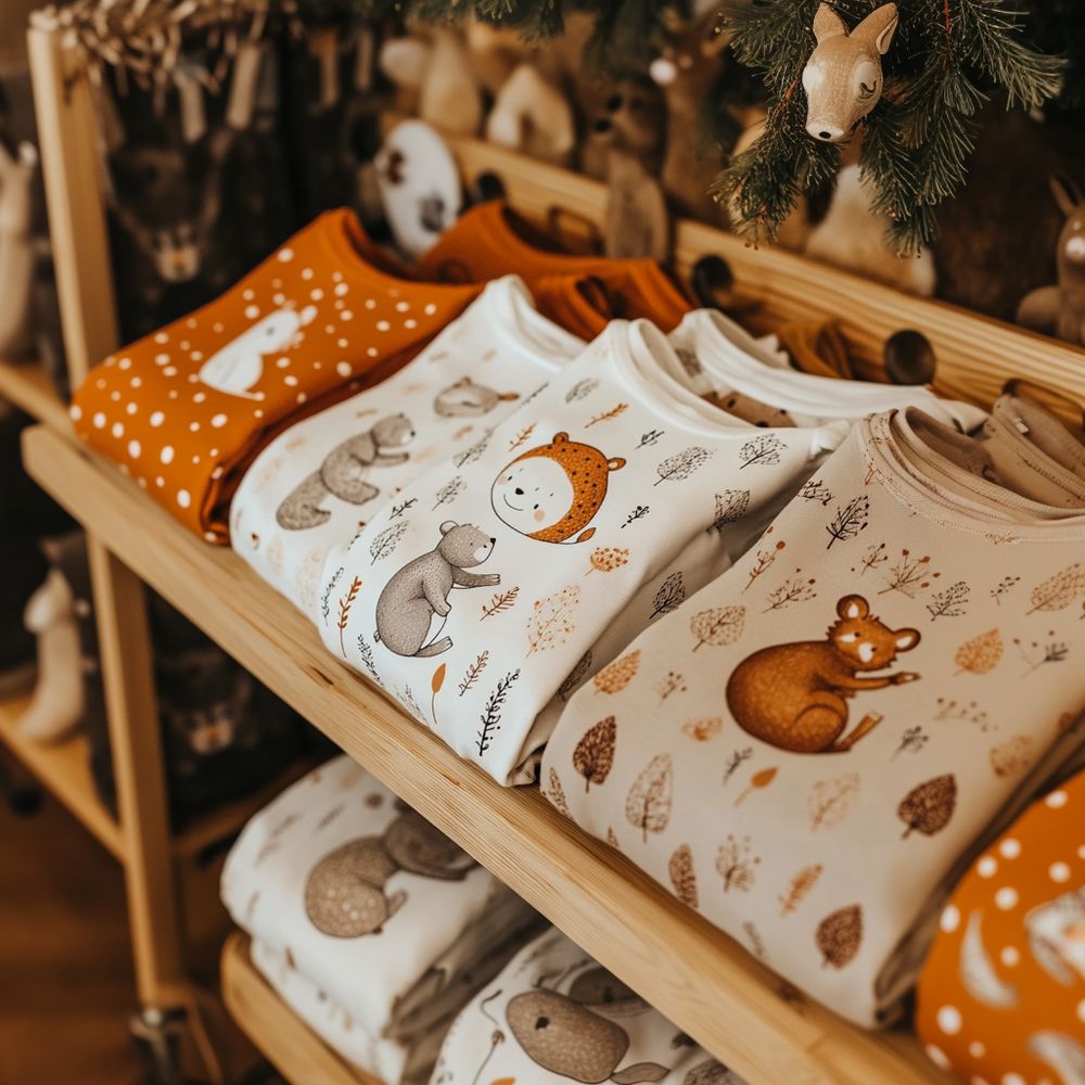 Soft white and orange woodland-themed bedding set featuring fox and forest animal designs displayed on wooden furniture.