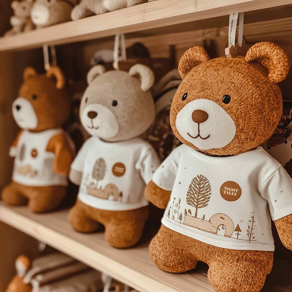 Adorable plush teddy bears wearing white graphic t-shirts displayed on wooden retail shelving.