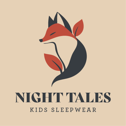Minimalist logo design of a stylized orange and navy fox with text 'Night Tales Kids Sleepwear' in dark lettering.
