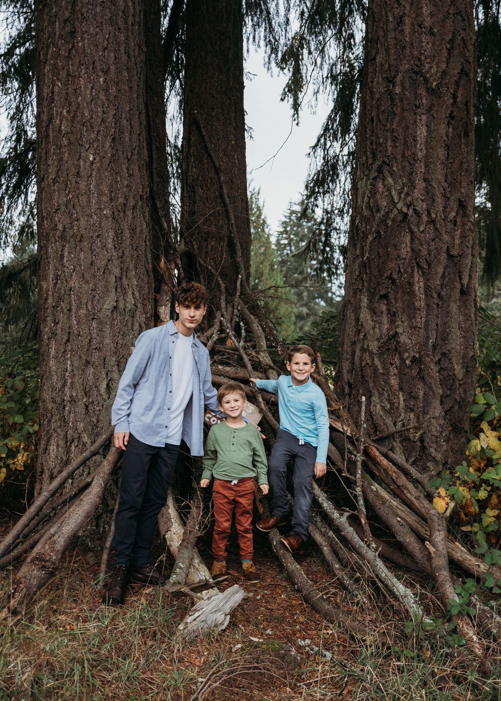 Three children stand together between large evergreen trees with exposed roots in a forest setting.