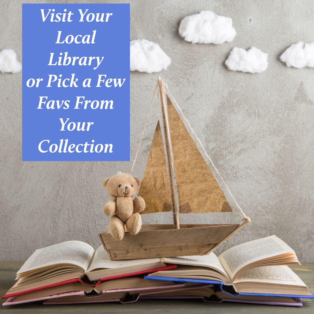 A teddy bear sits on a paper sailboat emerging from an open book with white clouds and a library message above.