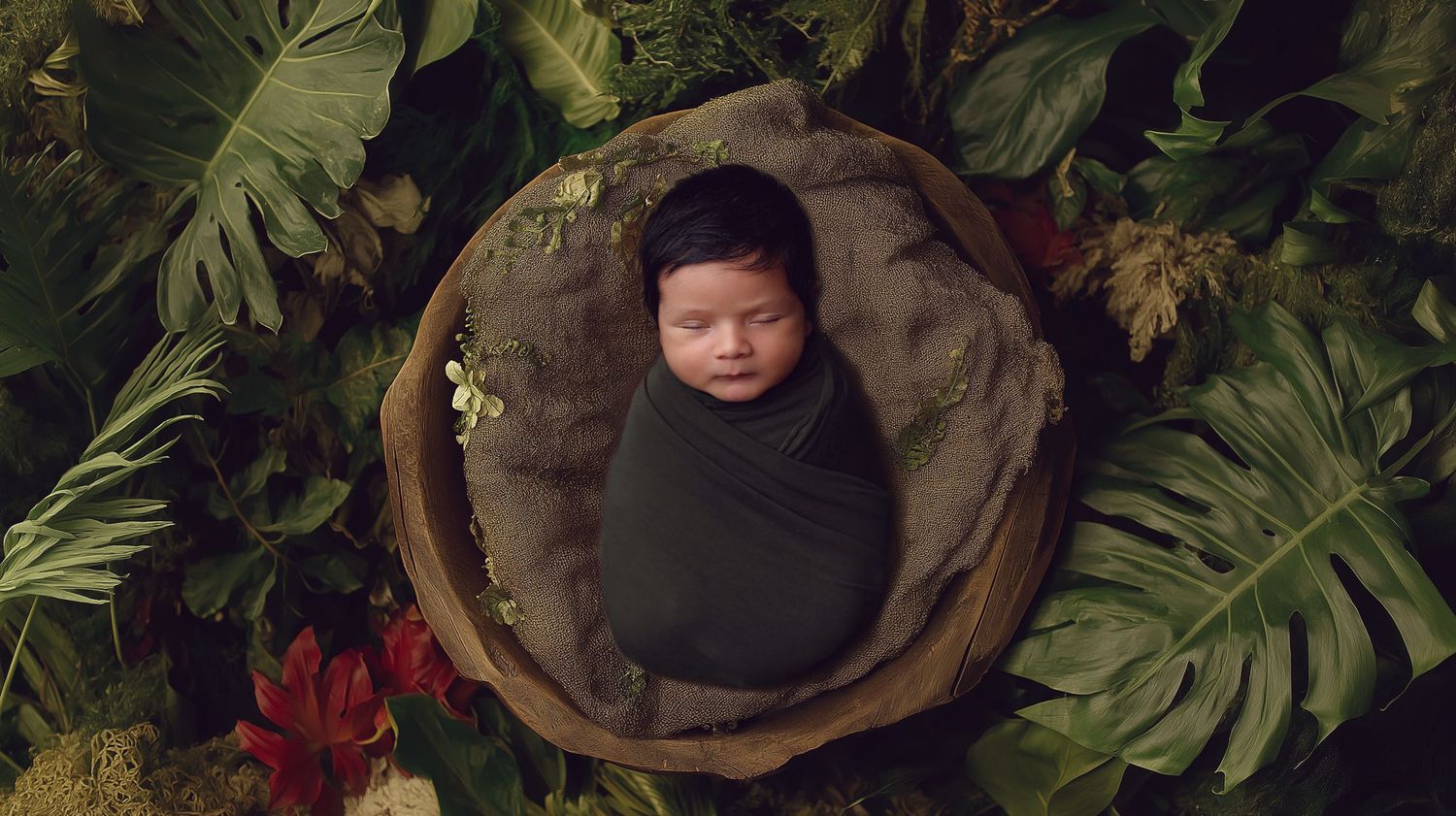 A peacefully sleeping newborn swaddled in black cloth rests in a wooden bowl surrounded by tropical monstera leaves.