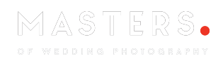 A circular red logo for Masters of Wedding Photography with a stylized white cursive M in the center.