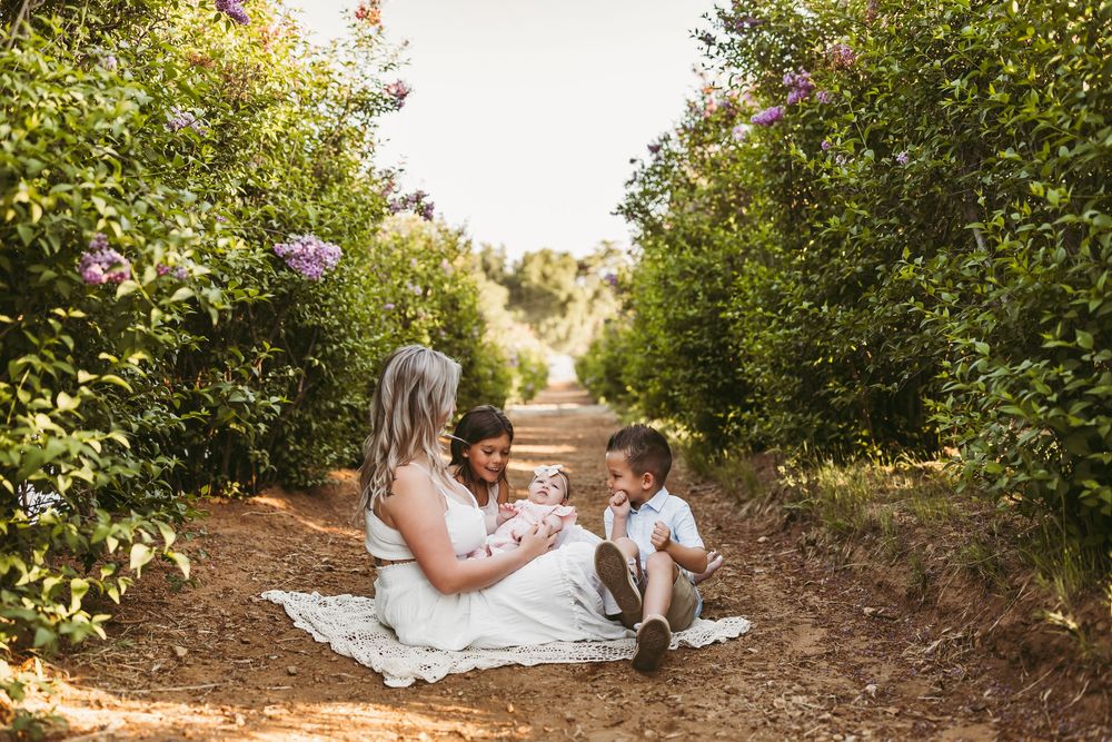 Candid family portrait session in an orchard with soft golden lighting and greenery.