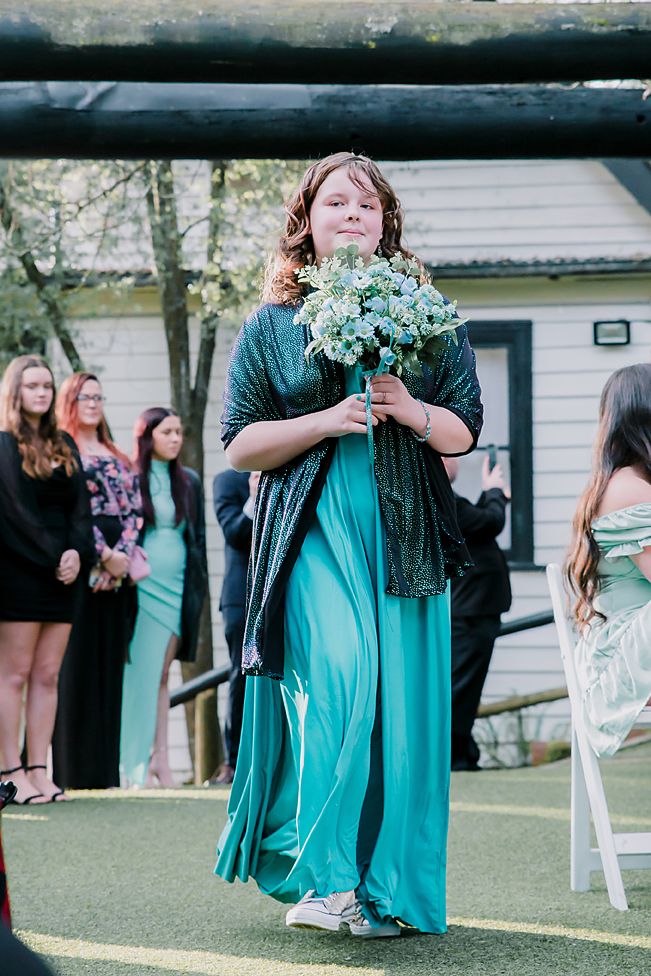 An outdoor wedding ceremony series showing bridesmaids wearing turquoise dresses and holding bouquets on a sunny day.