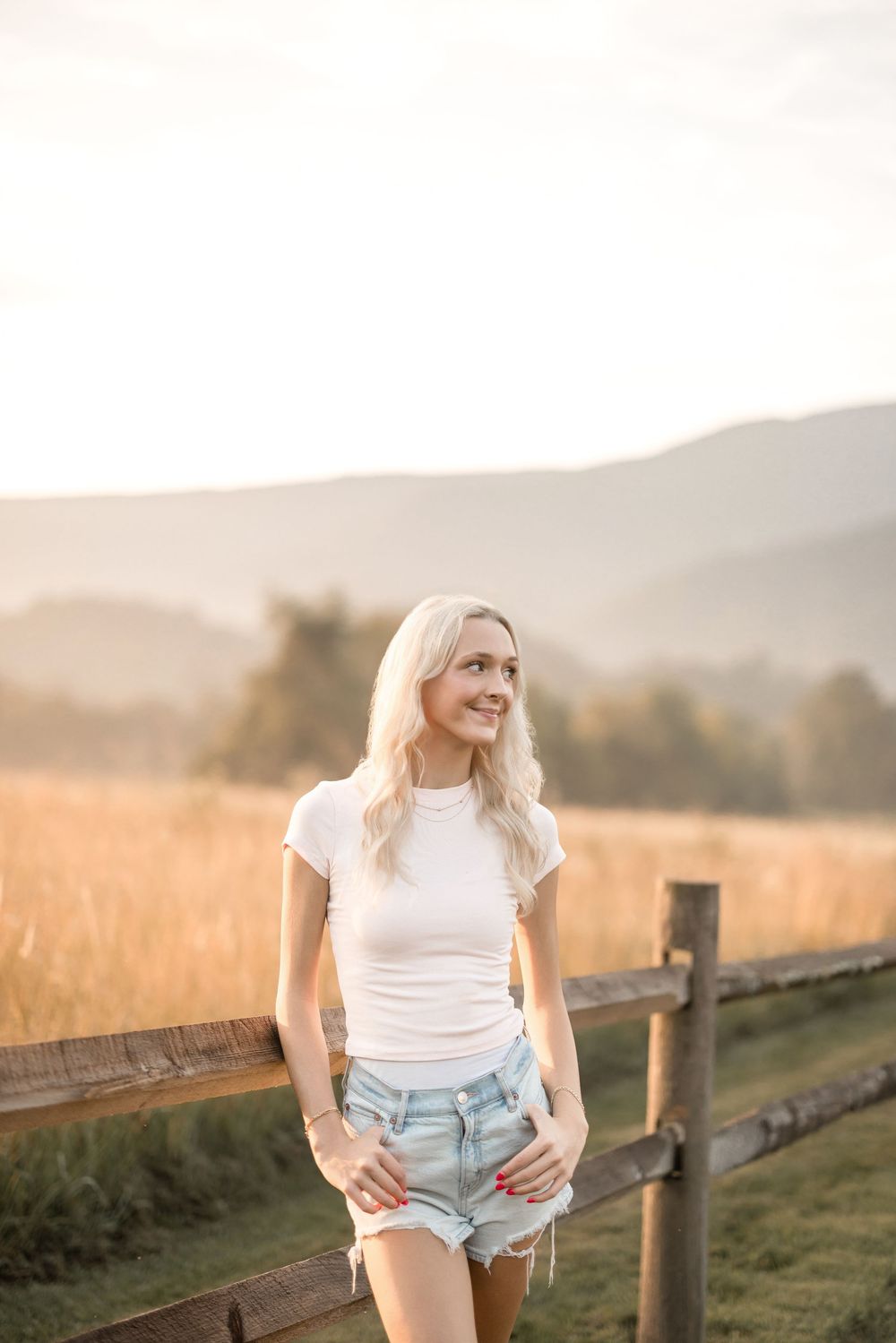 A person in a white t-shirt and denim shorts stands by a rustic wooden fence in a golden mountain field.