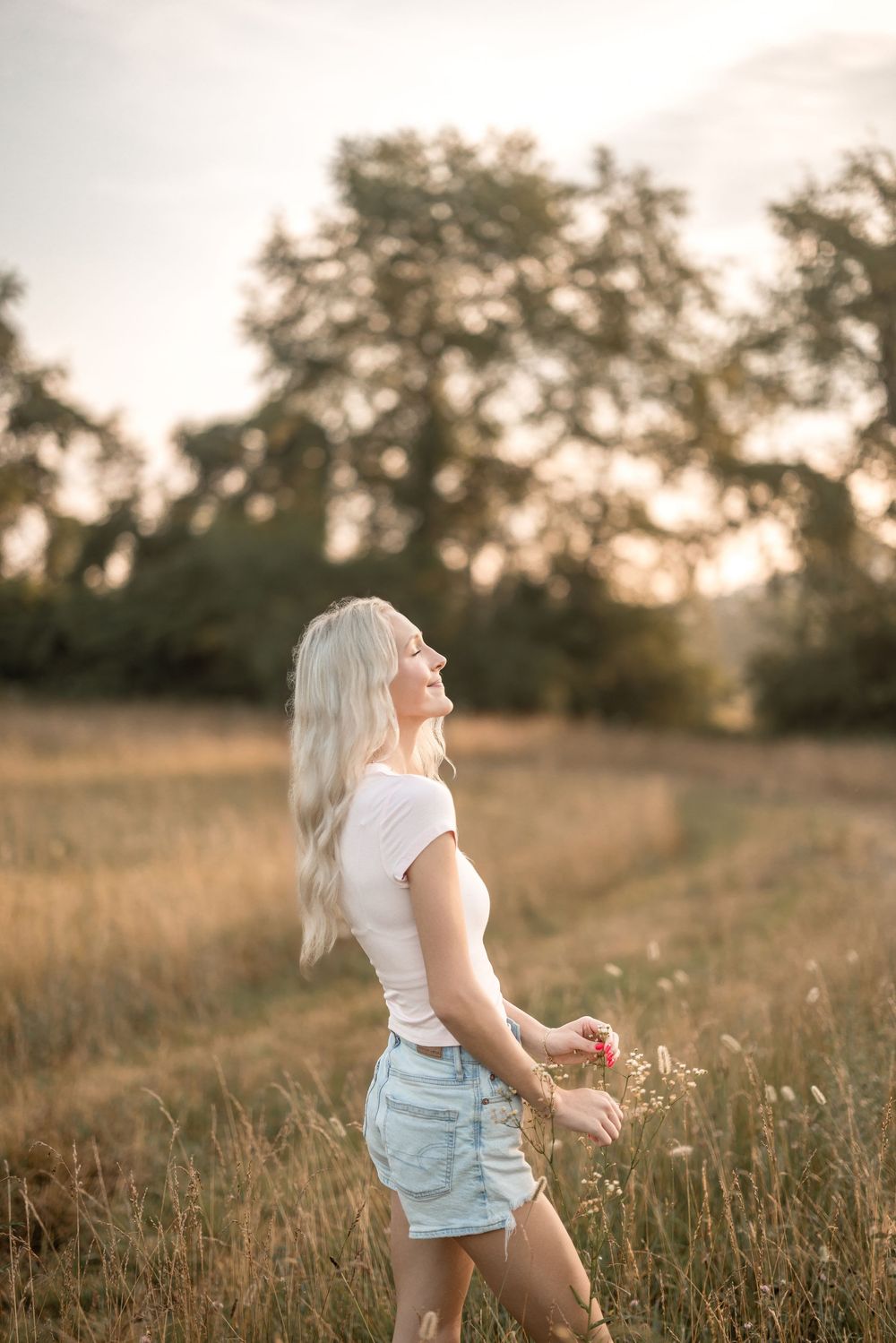 Golden hour portrait in wild meadow with forest backdrop.