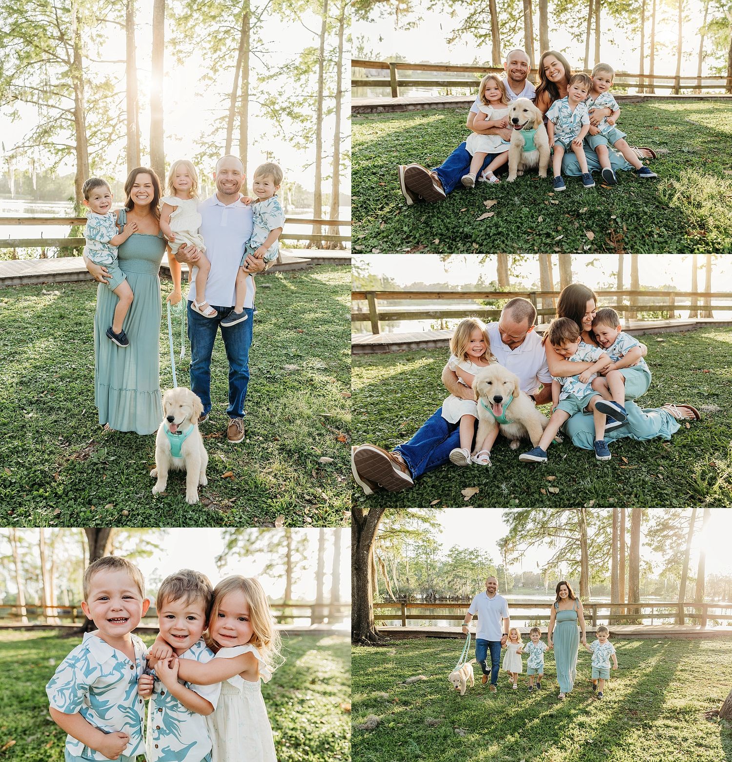 A joyful outdoor family photoshoot in a sunny park setting with a white dog and casual coordinated outfits.