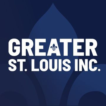 Greater St. Louis Inc logo featuring white text on dark blue background with a fleur-de-lis symbol incorporated into letter A.