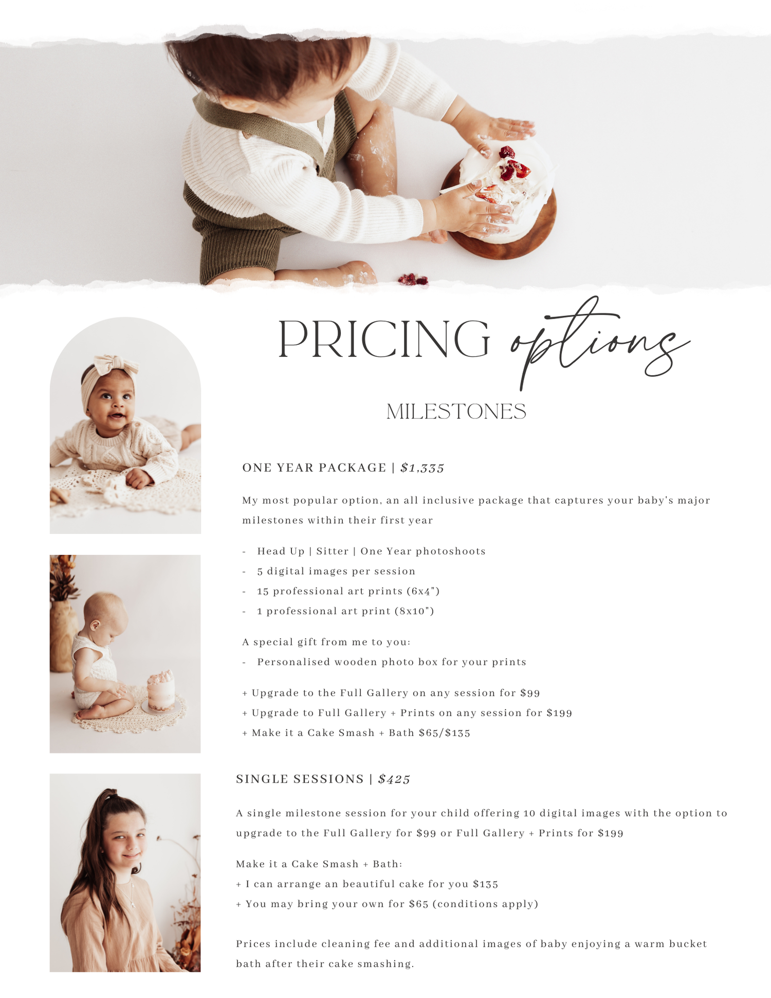 A minimalist pricing options template layout with soft beige tones and photography showcasing motherhood milestones.