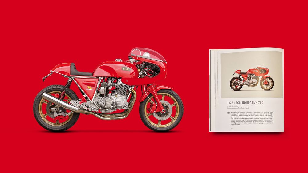 Classic red MV Agusta racing motorcycle displayed alongside a vintage motorcycle illustration on a vibrant red background.