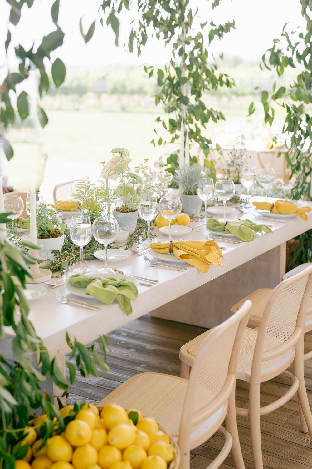 Elegant table setting with white linens, yellow napkins, and greenery for a garden dining occasion.