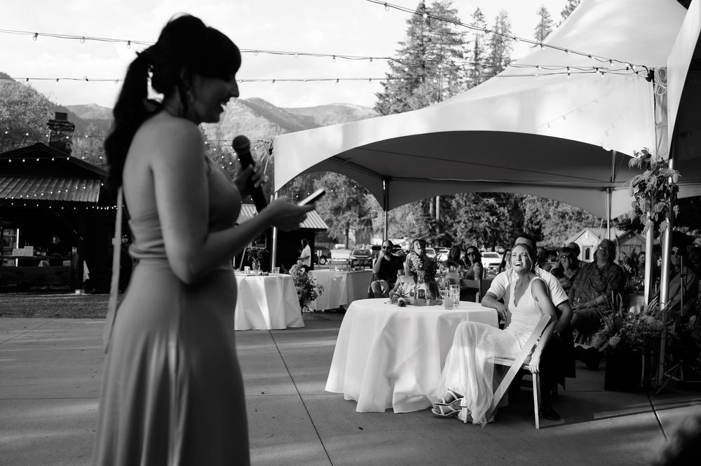A series of wedding ceremony moments under white tents with guests gathered at outdoor tables and chairs for celebration.