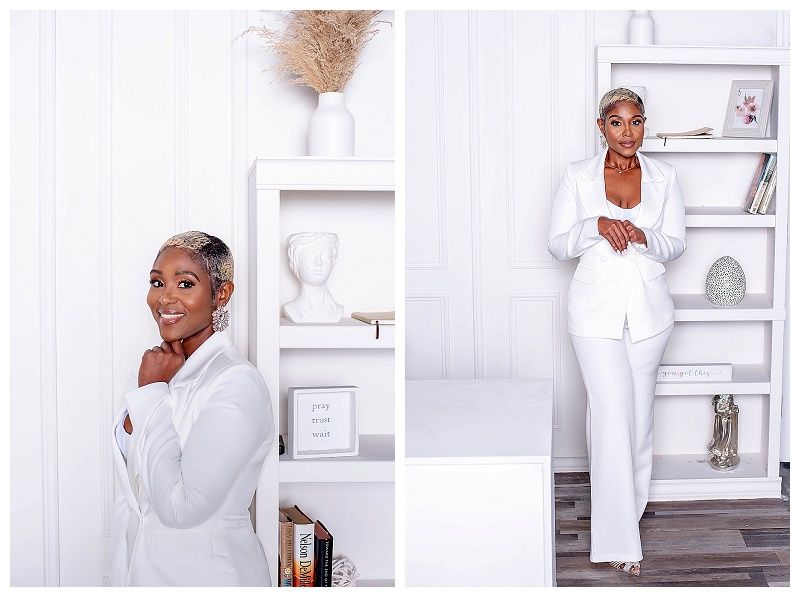 Personal branding photo of a woman standing in front of a bookshelf in West Palm Beach, expressing confidence and professionalism.