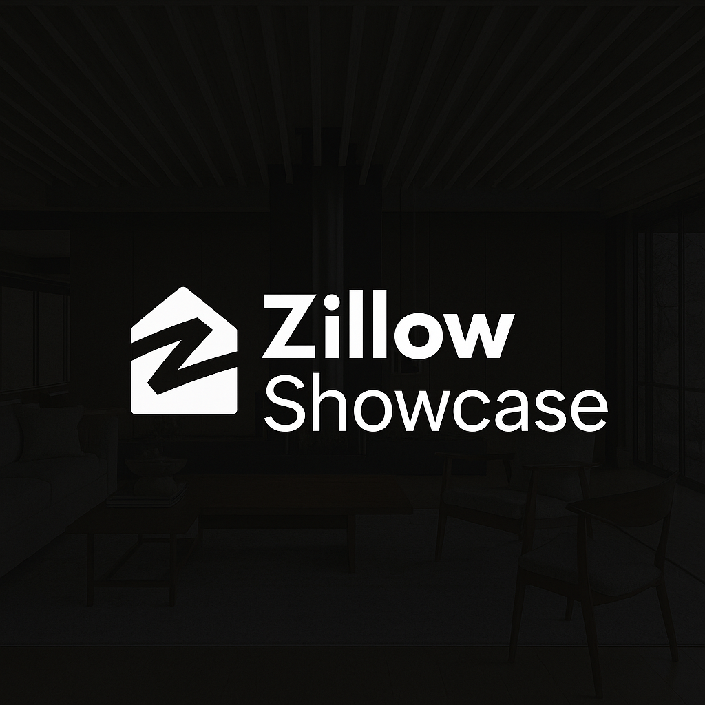 Zillow Showcase white logo displayed on a dark background with modern interior design elements.
