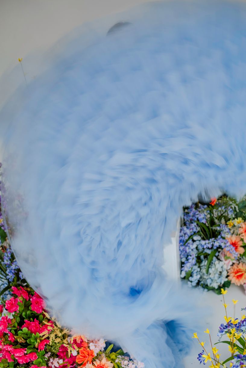A swirling blue sky effect over colorful garden flowers including pink blooms and purple blossoms.