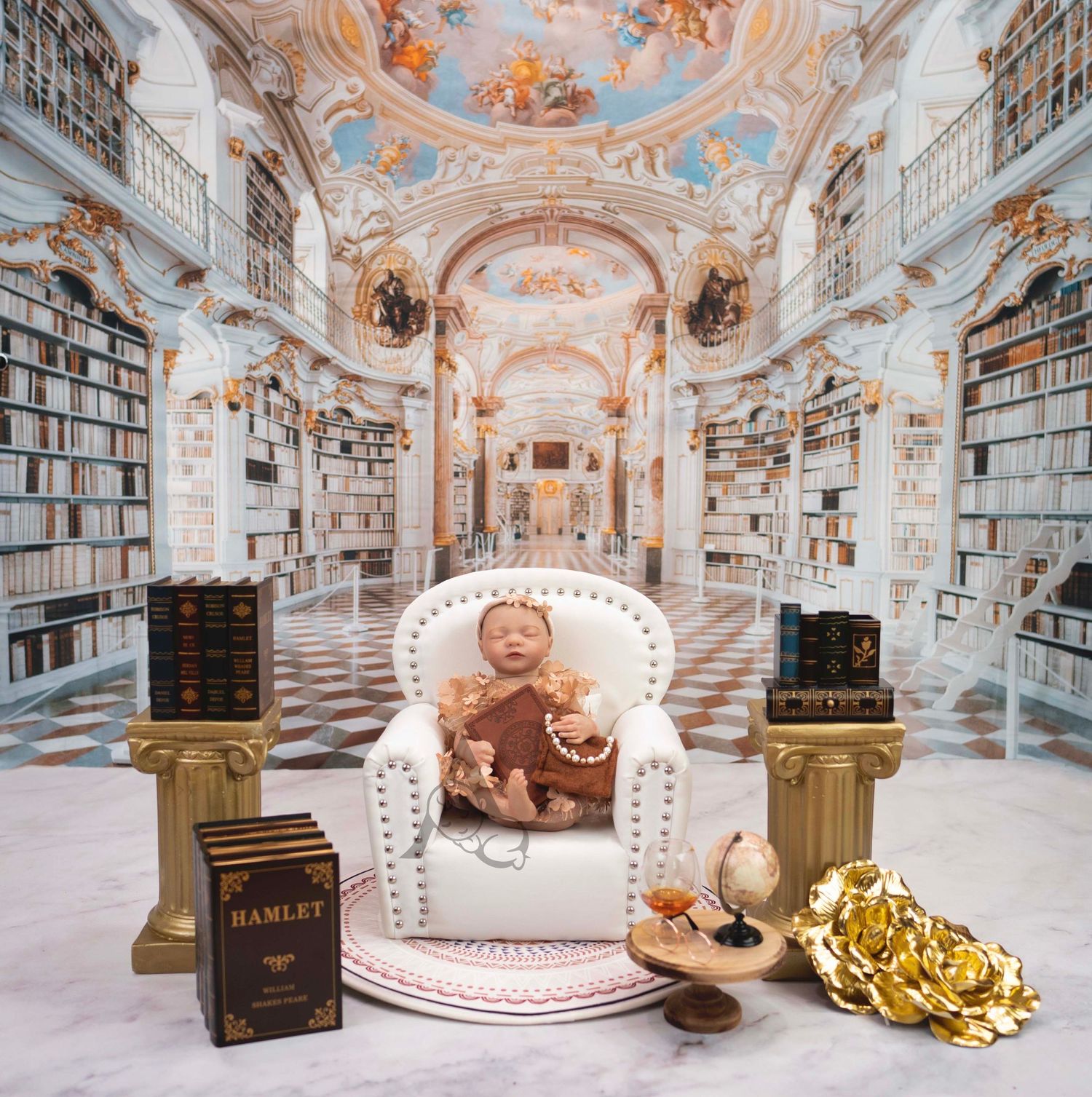 Ornate baroque library interior with white chair and antique books on marble floor.