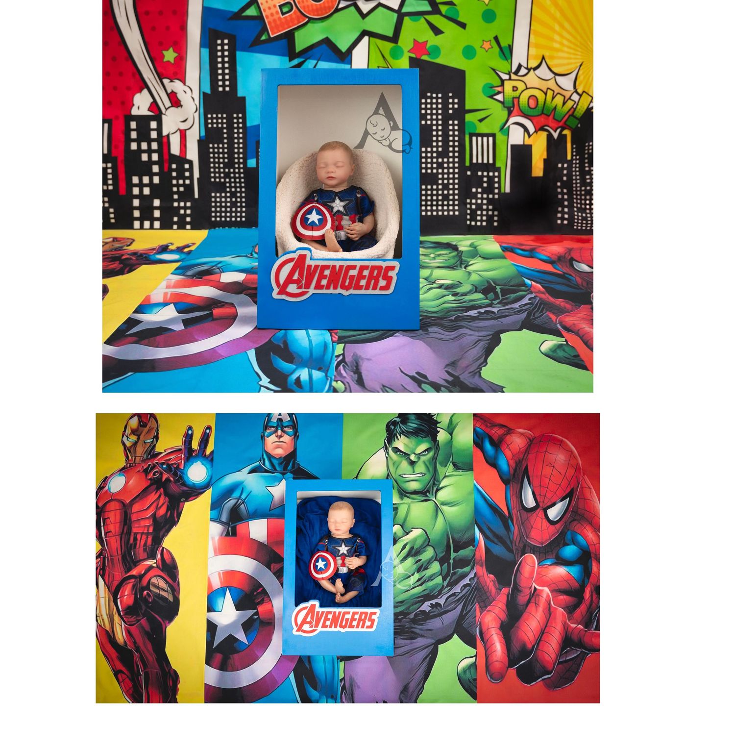 Superhero themed photo setup with colorful comic book style backdrop featuring Marvel characters.