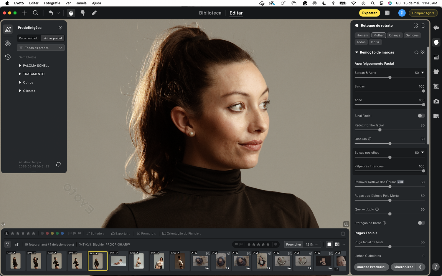 Portrait in photography editing software showing model in black turtleneck against neutral backdrop with editing panels visible.