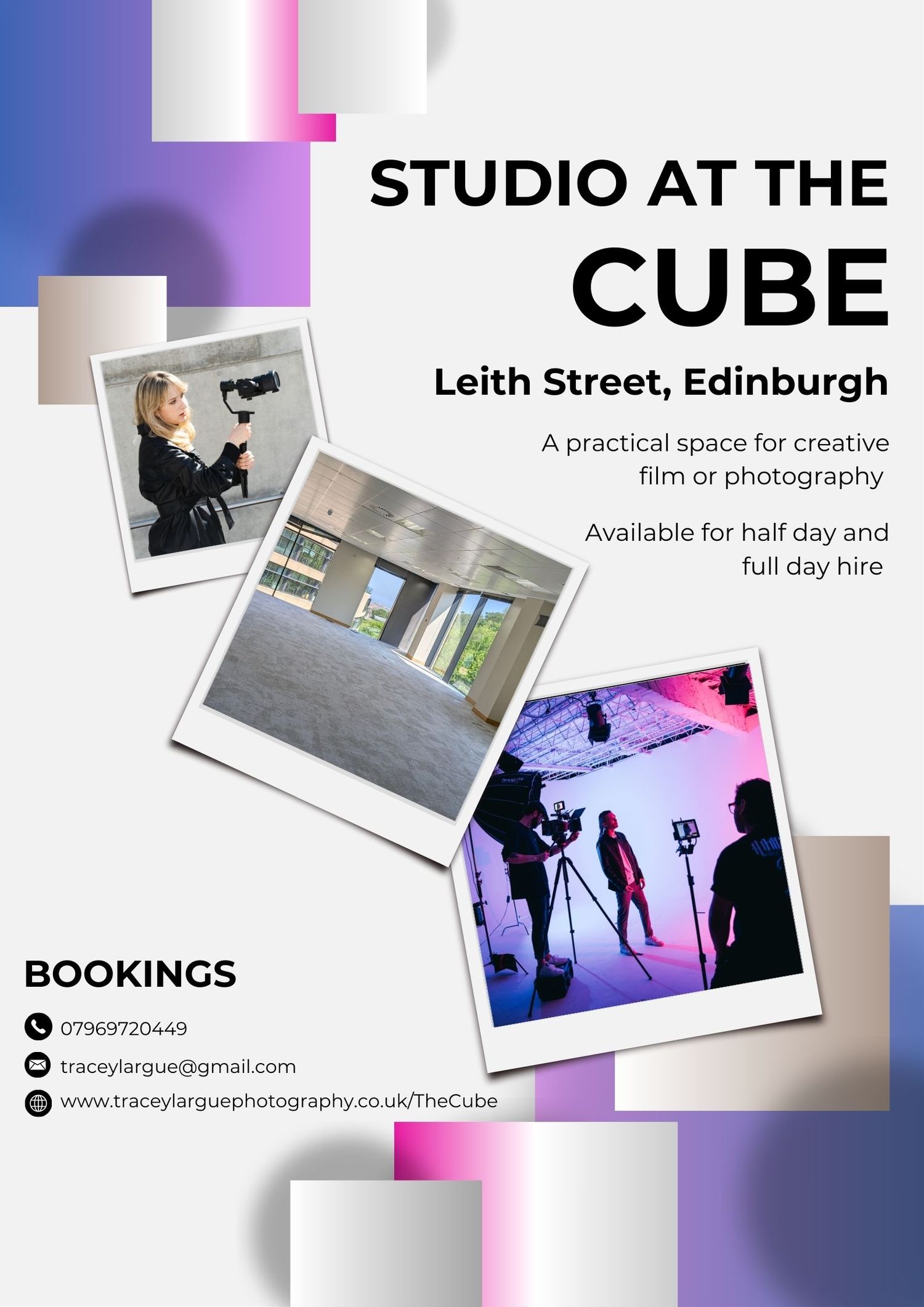 Photography studio rental advertisement showing polaroid-style photos of equipment setup and studio space at The Cube in Edinburgh.