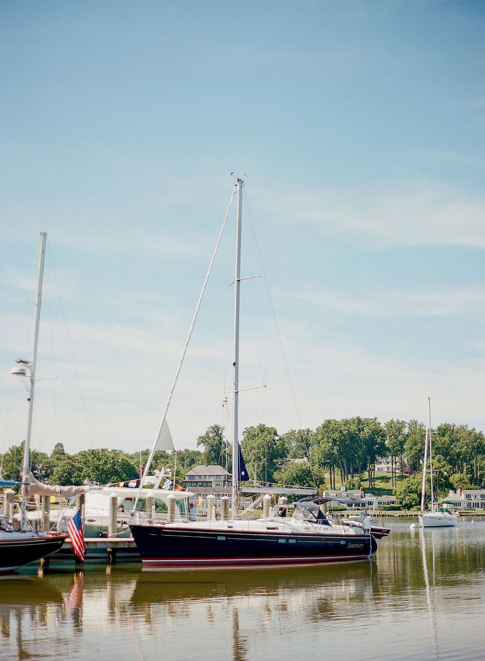 Sailboats and yachts docked at a peaceful marina with clear blue skies and tree-lined shores in the background.