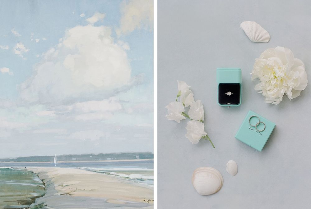 A coastal beach landscape paired with a styled flat lay of turquoise ring box, seashells and white flowers on grey background.