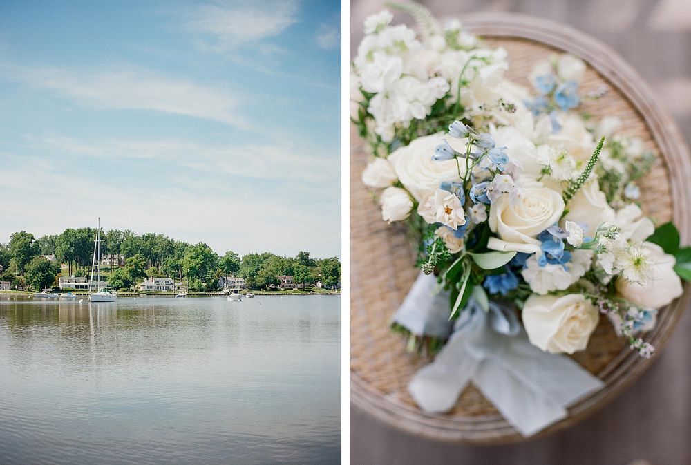 Split image showing a waterfront lakeside community with boats and a delicate blue and white rose wedding bouquet.