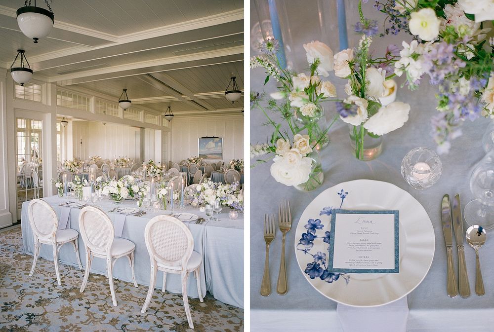 Elegant wedding reception setup with white chairs and blue floral table settings in a bright ballroom.