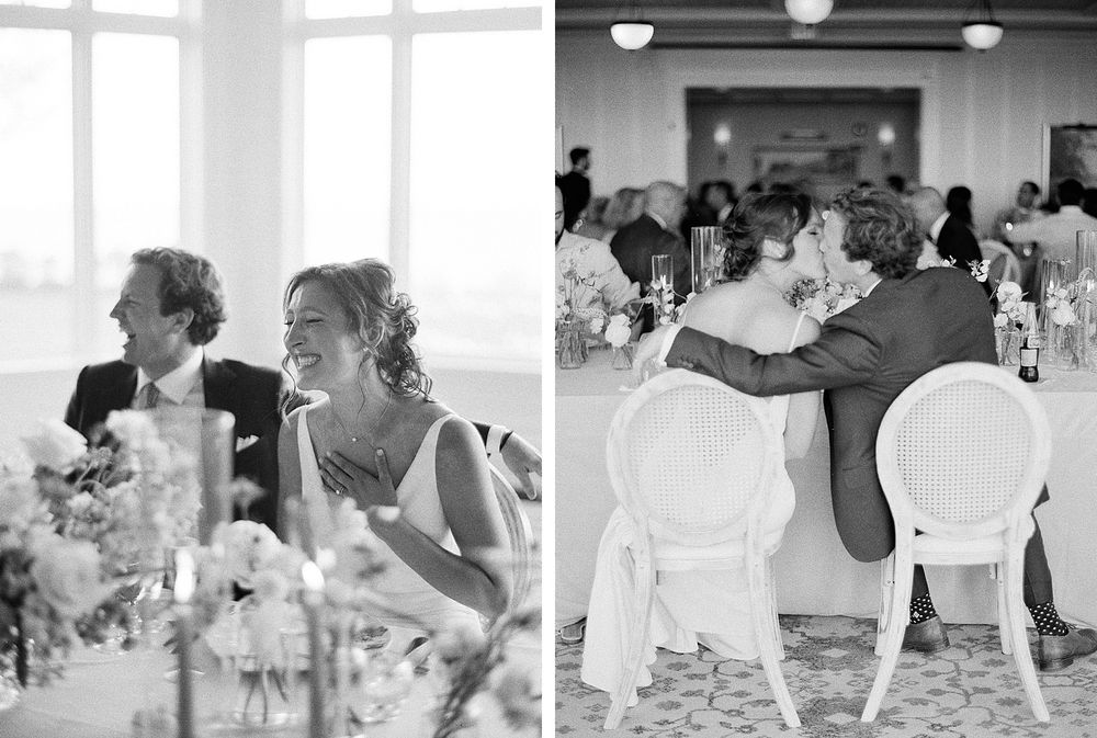 Two black and white candid wedding reception shots showing guests at tables and chairs.