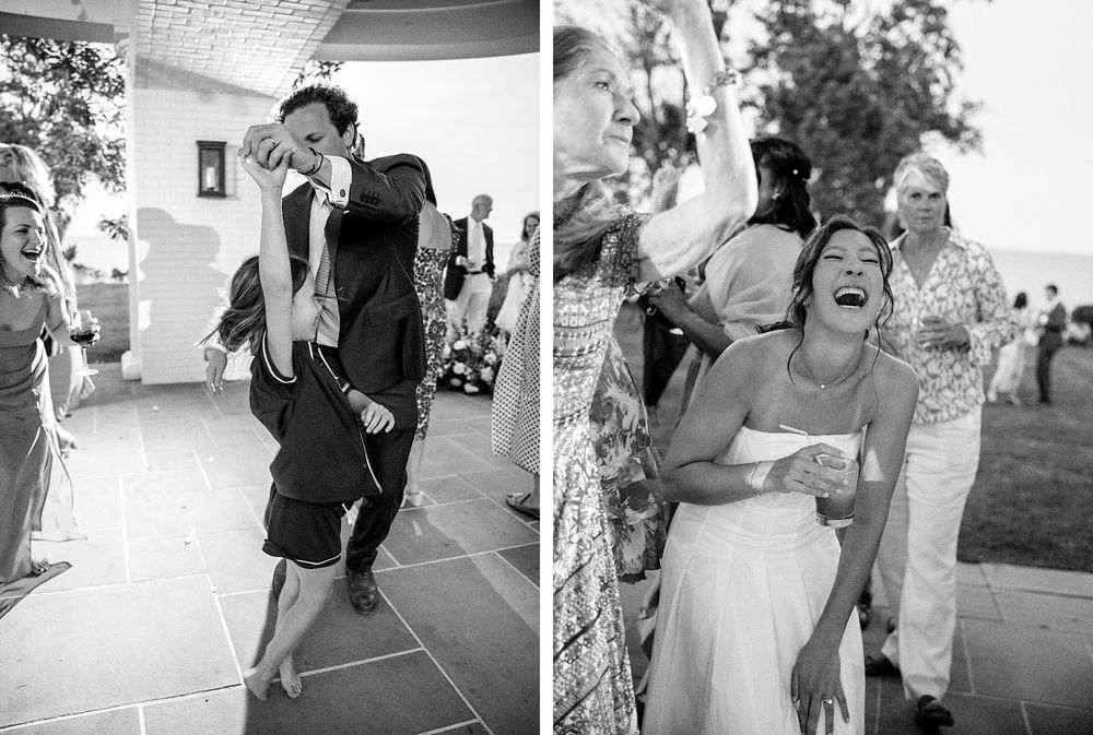 Two joyful black and white wedding photos showing candid dance floor moments during an outdoor celebration.