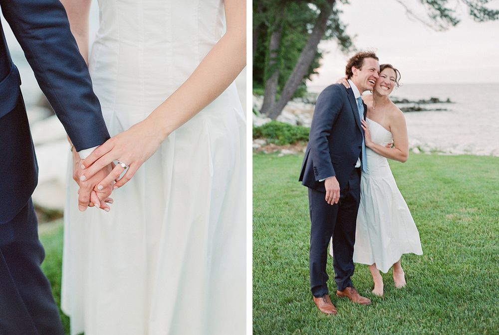 Romantic wedding couple holding hands on a scenic waterfront lawn with a close-up detail shot on the left.