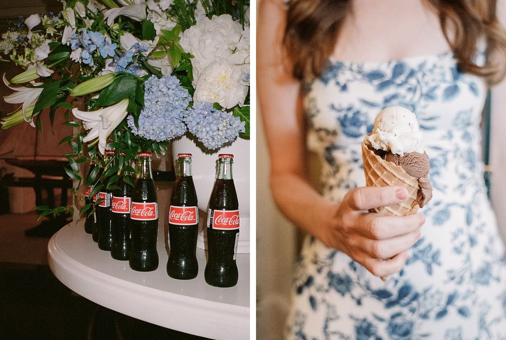 Glass Coca Cola bottles and floral arrangements alongside someone in a blue and white patterned dress holding baked dessert.