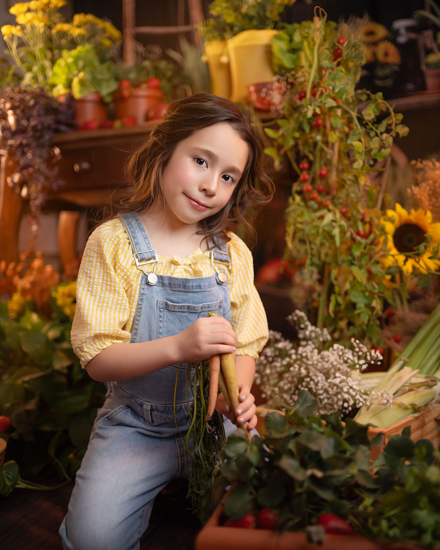A young gardener in denim overalls and yellow sweater tends to plants surrounded by sunflowers and potted greenery indoors.