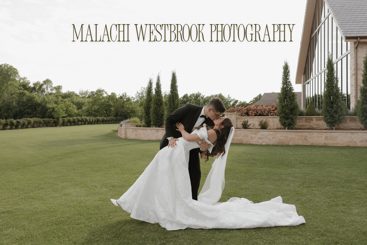 Bride and groom portrait with Malachi Westbrook Photography logo displayed above taken at the European luxury Oklahoma venue, The Bower.