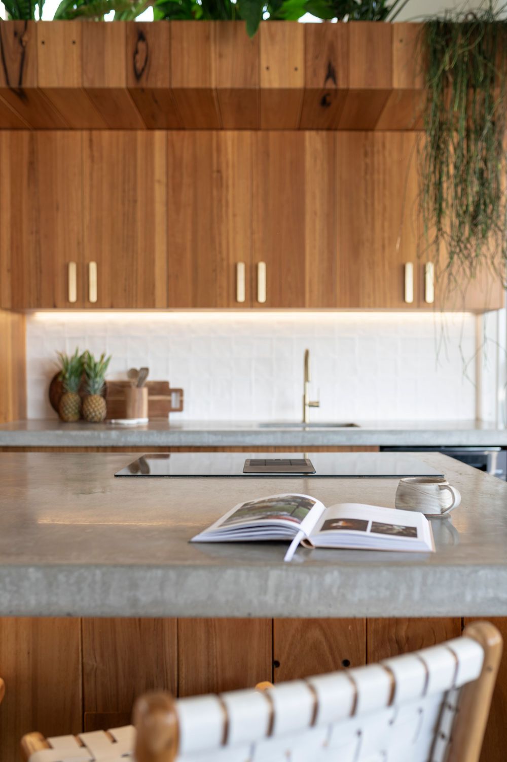 Modern kitchen interior with wooden cabinets, concrete countertop, and hanging plants creating a warm minimalist aesthetic.