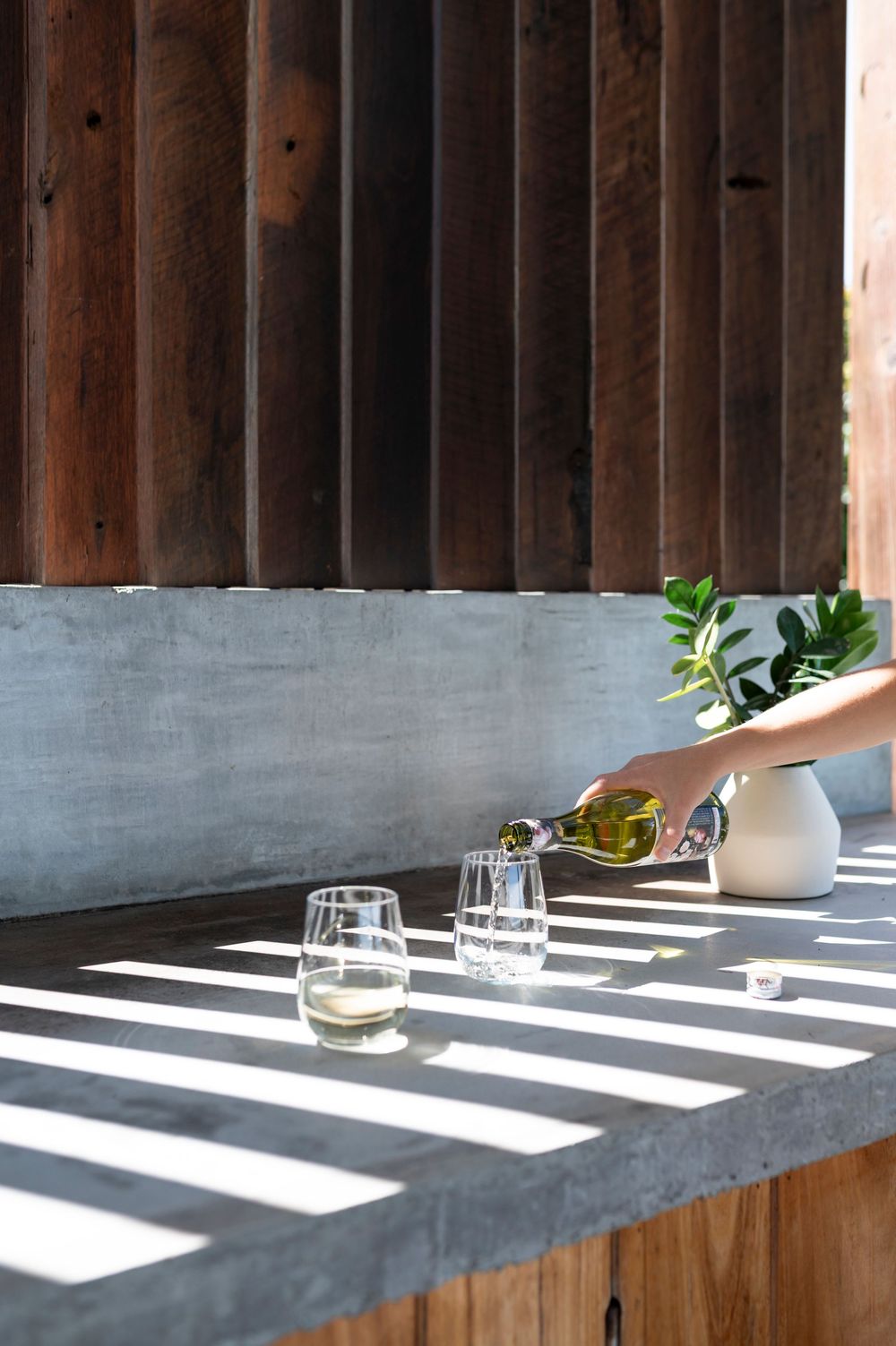 Sunlight casts dramatic stripes across a concrete countertop with wine glasses and a decorative plant against wood paneling.