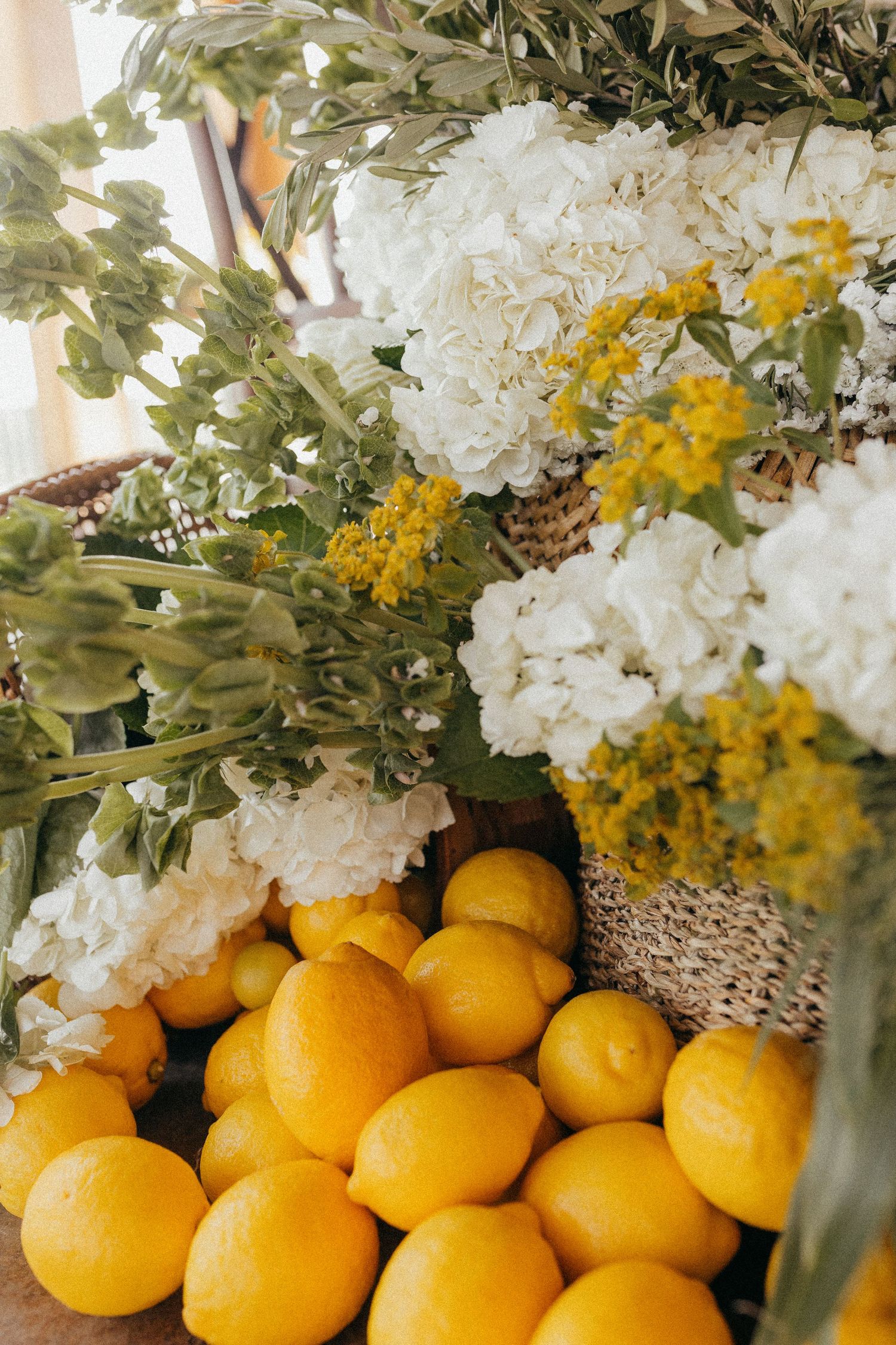 Fresh lemons arranged with white hydrangeas and yellow floral accents in a rustic spring display.