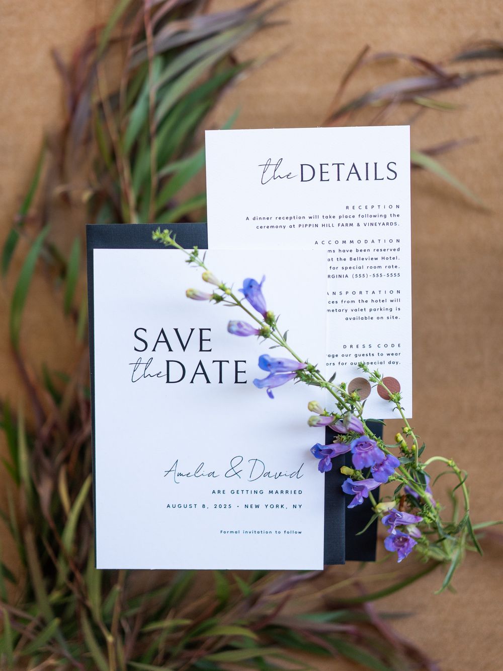 Wedding save the date and details cards with delicate watercolor purple flowers and elegant calligraphy on kraft paper.