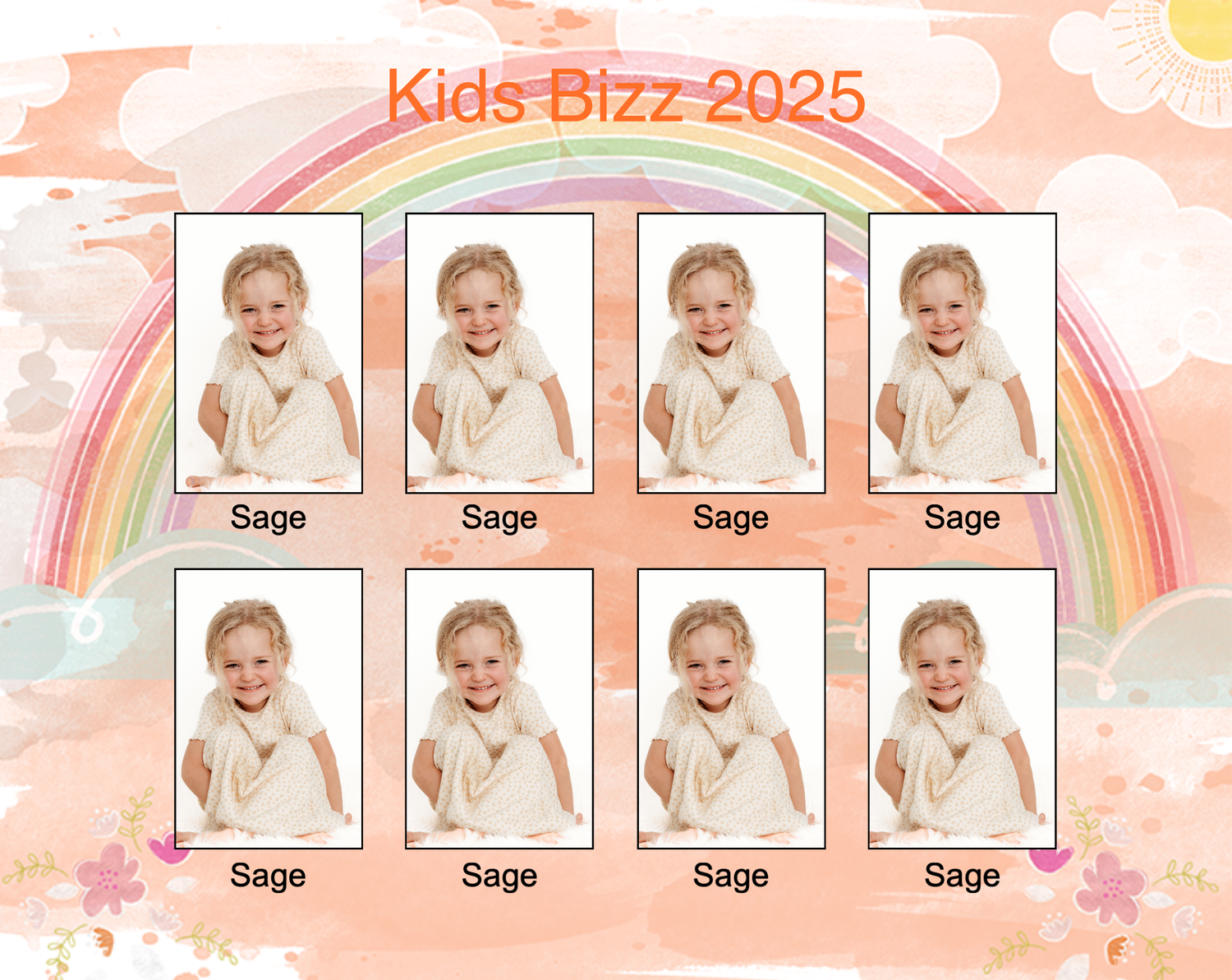 School photo sheet template with repeating portraits on a pink watercolor background with rainbow and sun design.