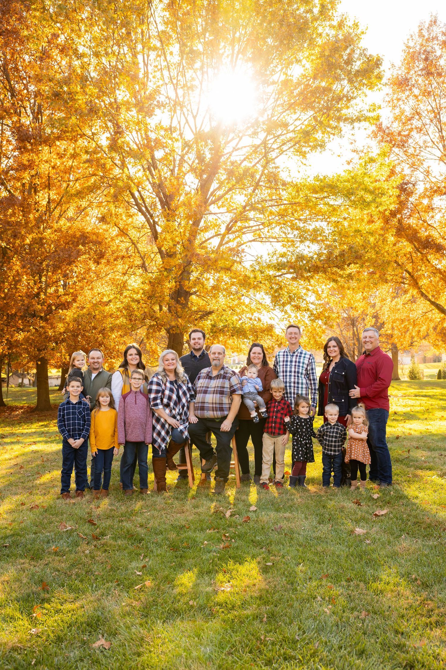 A group stands together in a park during autumn with golden trees and sunlight glowing through the branches behind them.