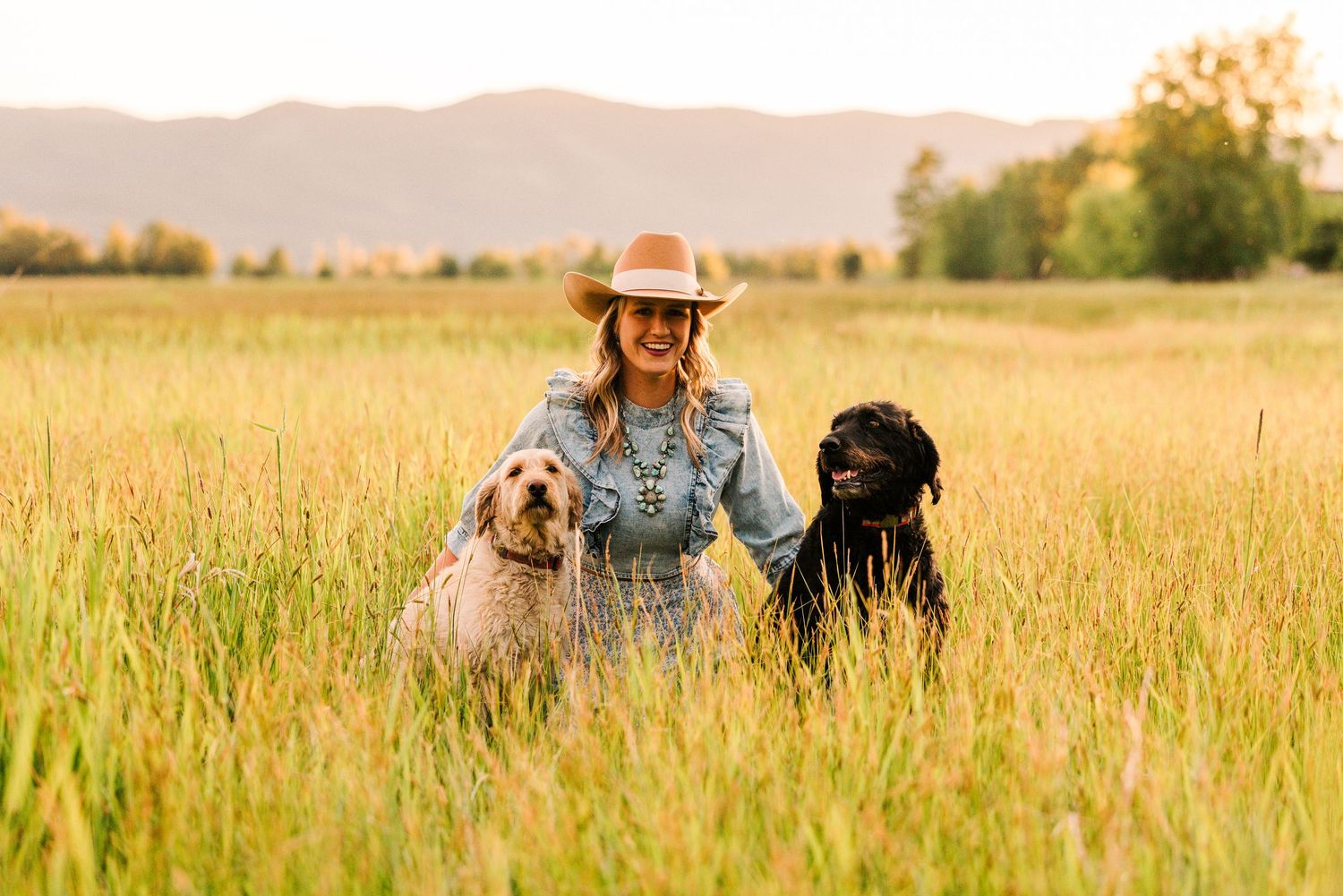 Three companions stand together in a golden wheat field at sunset, two dogs and their friend in denim and a sun hat.