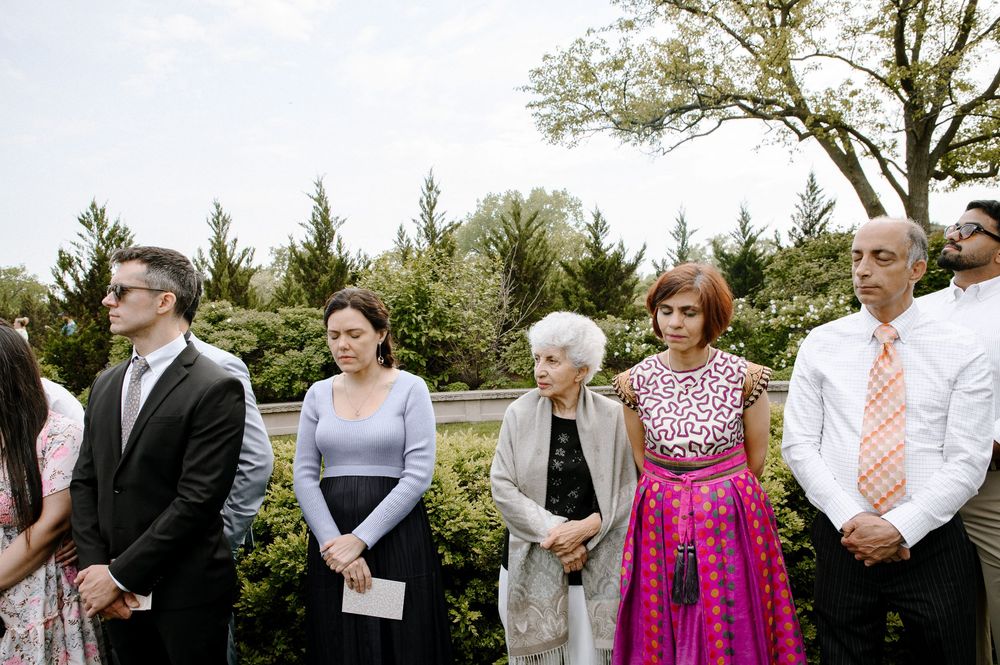 A group of formally dressed wedding guests stand outdoors in a garden setting among evergreen trees.