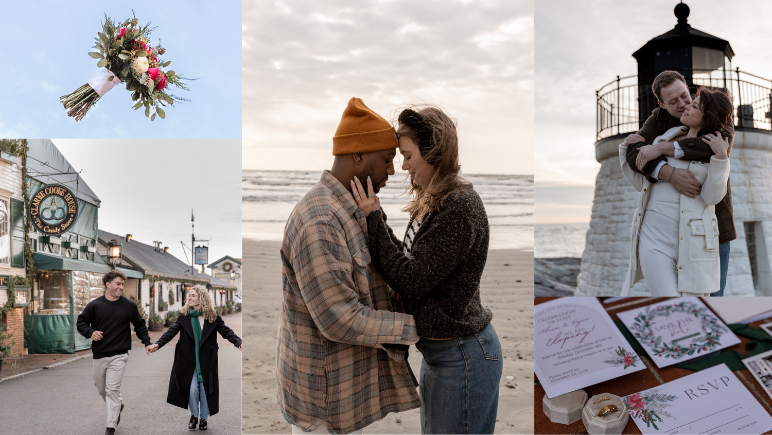 A triptych collection of romantic outdoor moments featuring floral bouquets, a lighthouse scene, and a cozy seaside embrace.