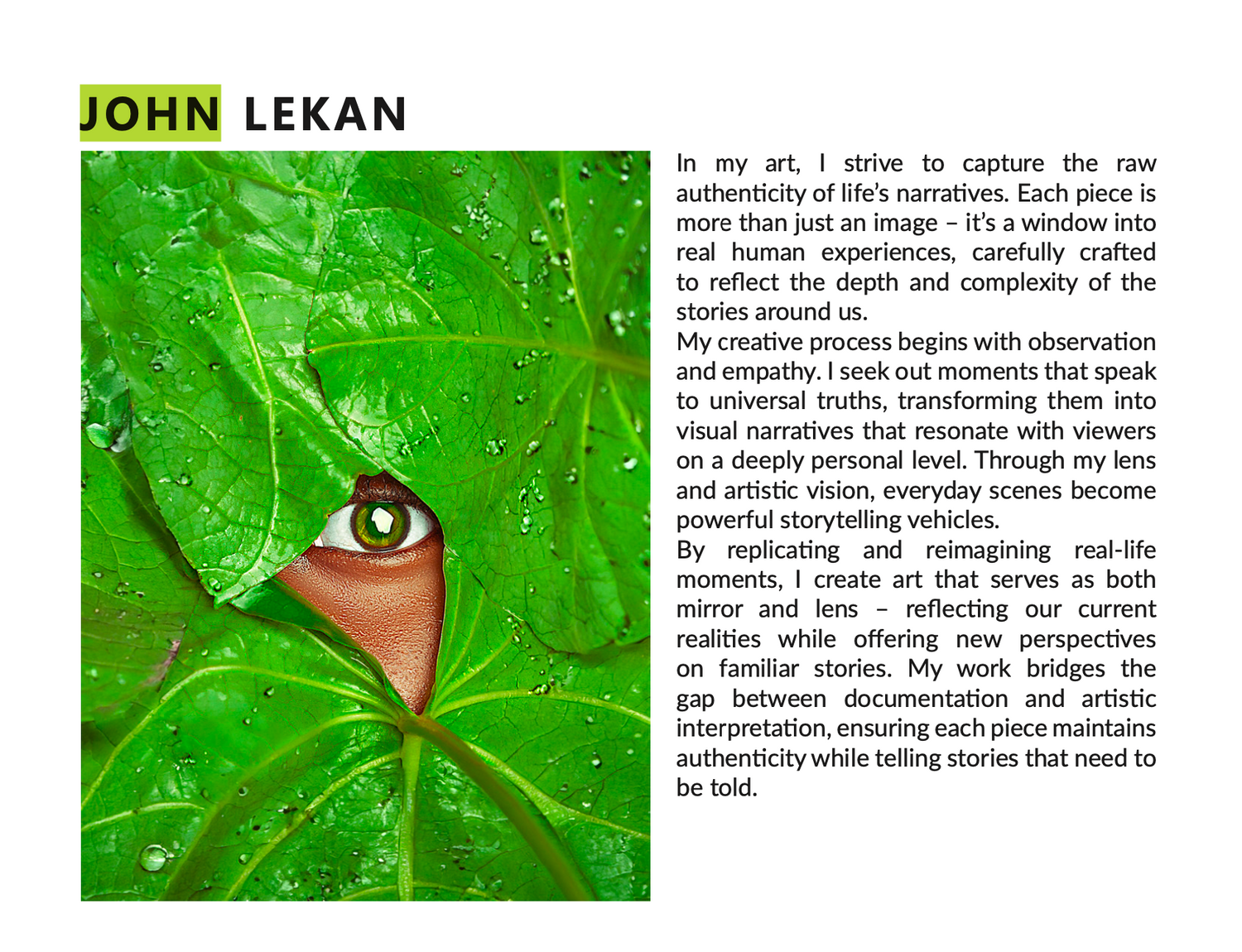 An artistic photo shows a single eye peeking through vibrant green leaves in a close-up nature composition.