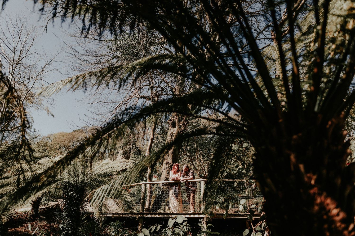 Palm fronds silhouette a couple standing on a wooden bridge in a tropical garden setting.