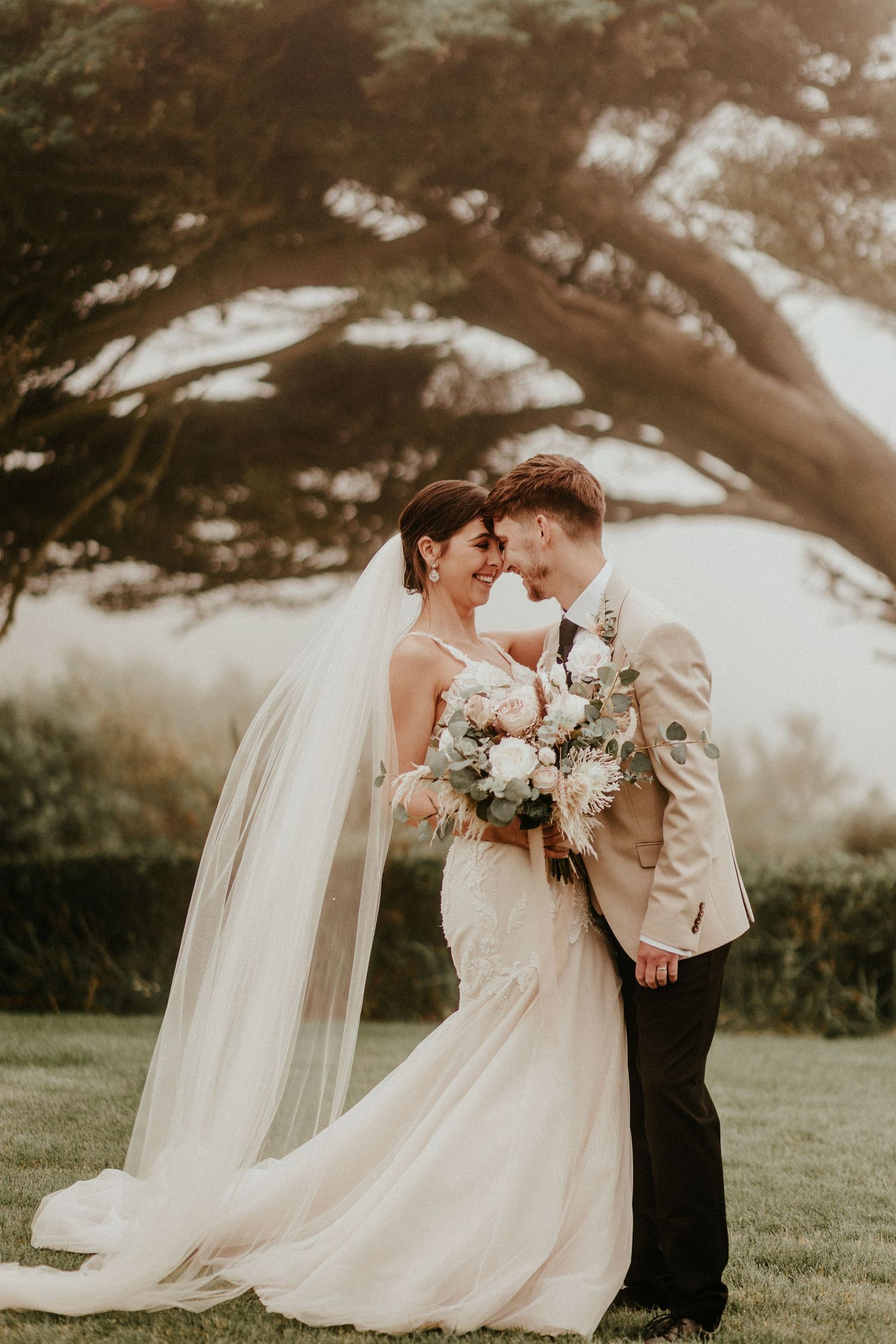 Romantic outdoor wedding scene with couple in formal attire sharing an intimate moment under a large tree at sunset.