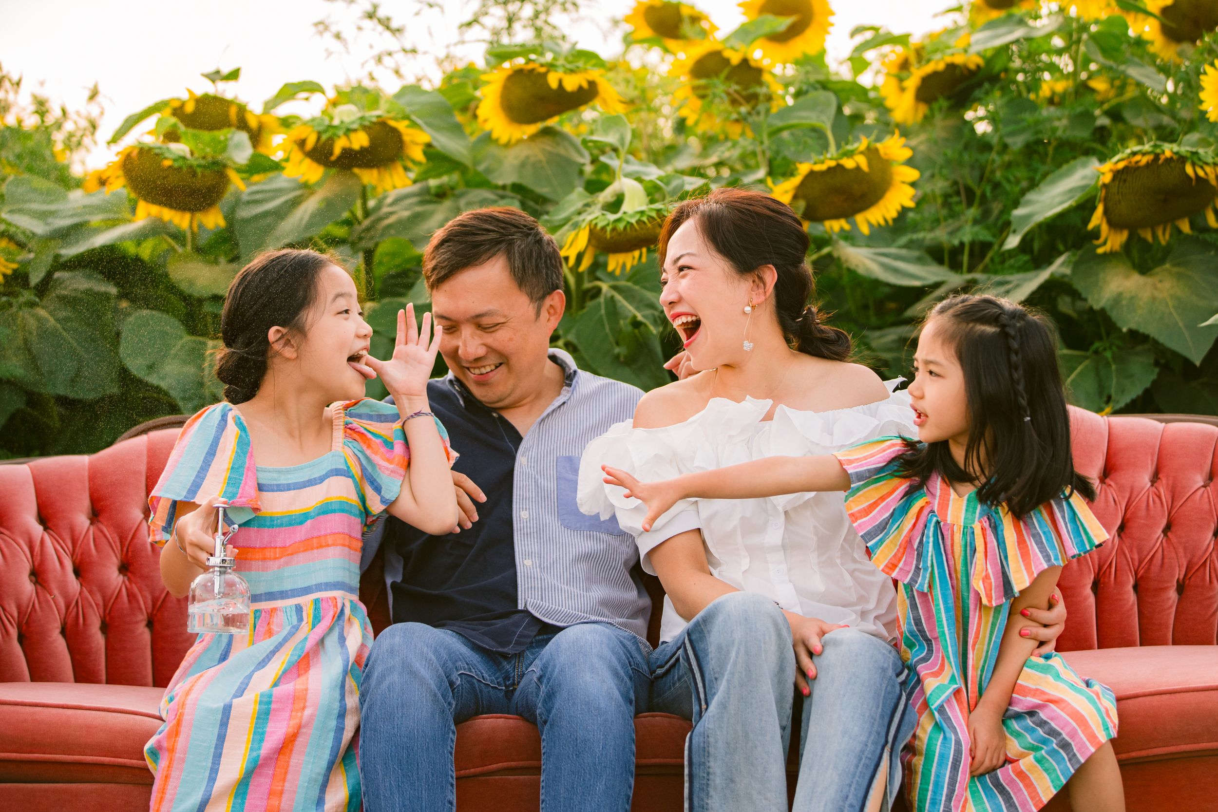 Family shares joyful moments together on a pink couch in front of vibrant yellow sunflowers on a sunny afternoon.