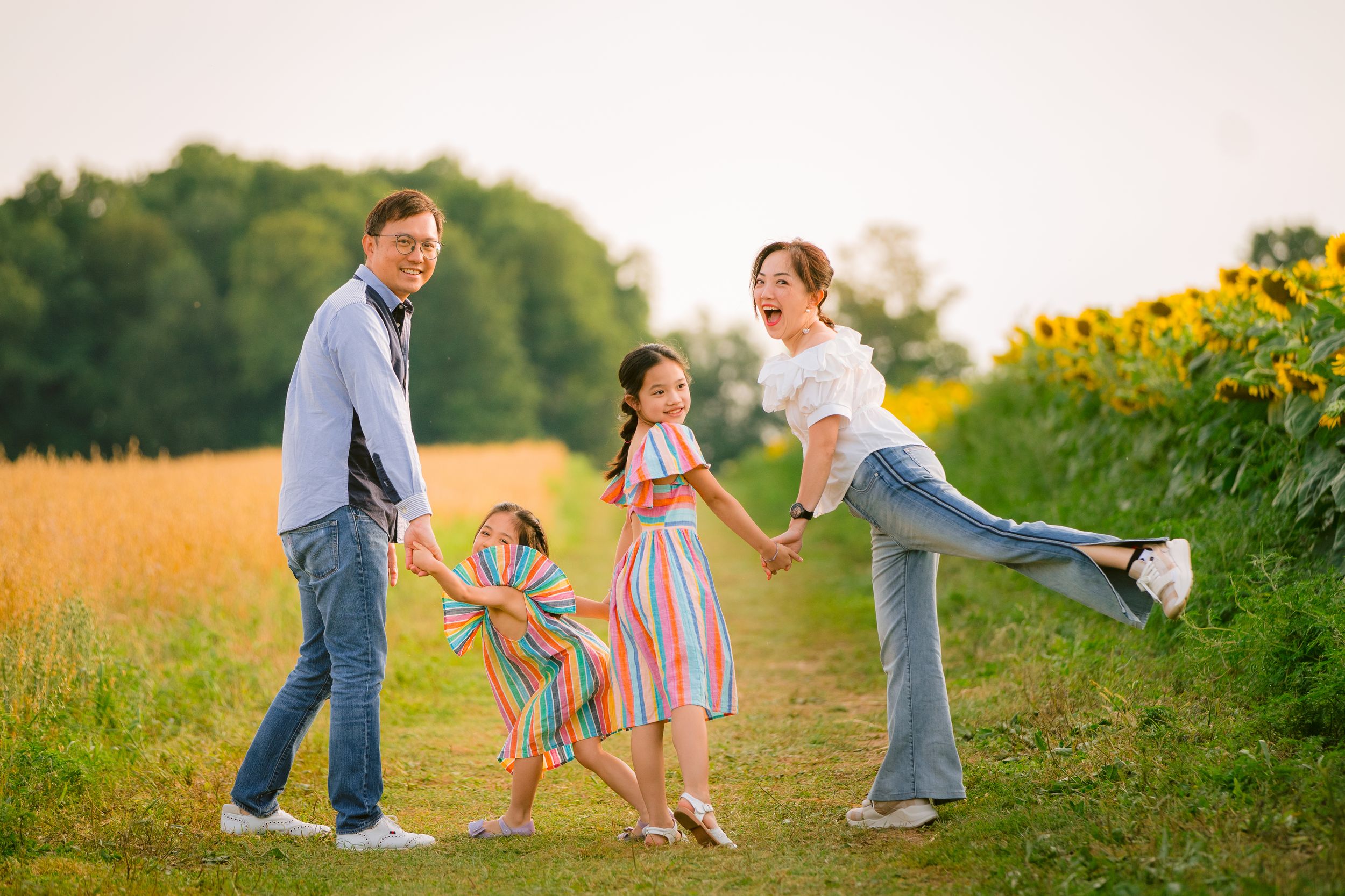 Family enjoying a playful moment together in a golden field at sunset next to blooming sunflowers.